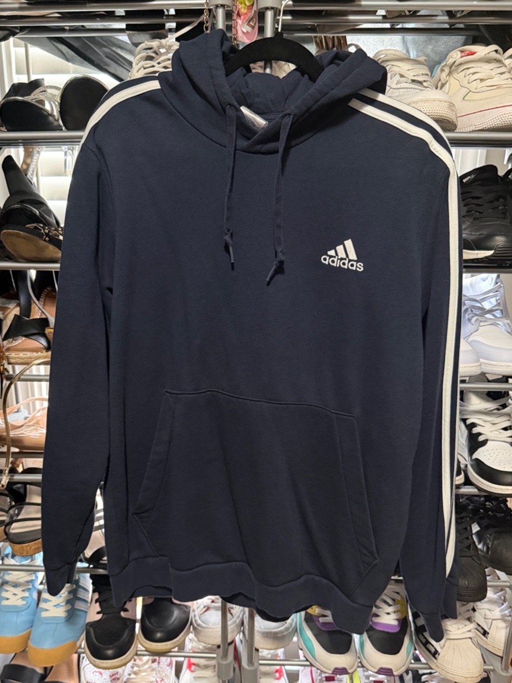 adidas Navy Pullover Hoodie with White Shoulder Stripes